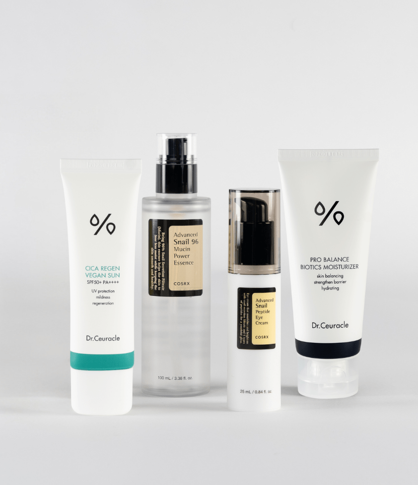 A set of products. Advanced Snail Peptide Eye Cream, Advanced Snail 96 Mucin Power Essence, Cica Regen Vegan Sun SPF 50+PA++++, Pro-Balance Biotics Moisturiser